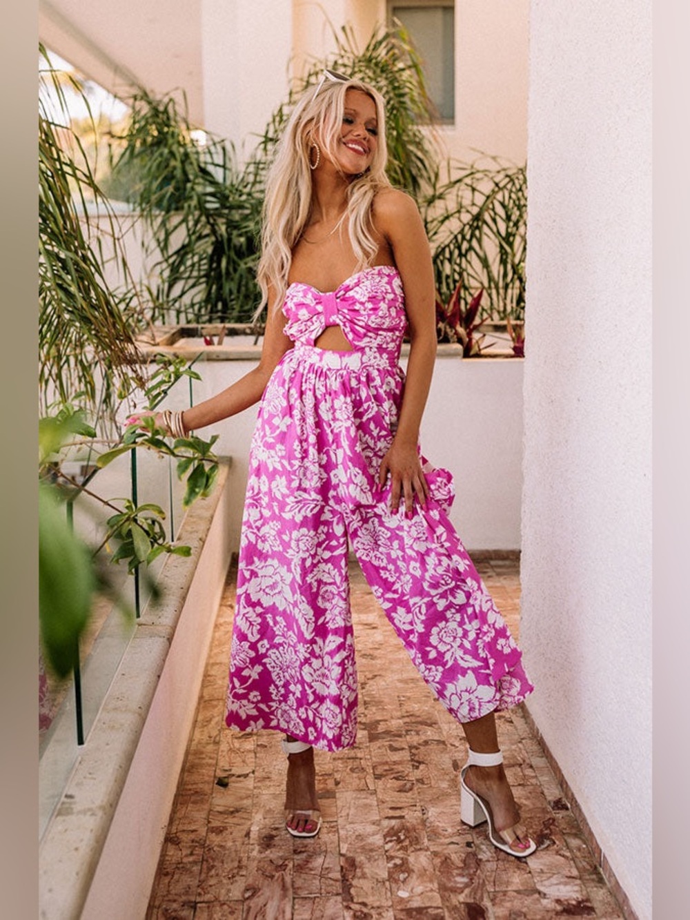 Aakaa Pink & White Floral Strapless Cutout Jumpsuit